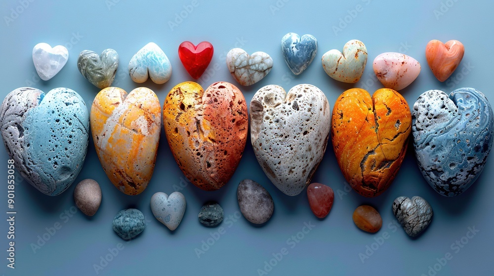 Poster a cluster of heart-shaped stones resting together on a azure background with a crimson heart at its 