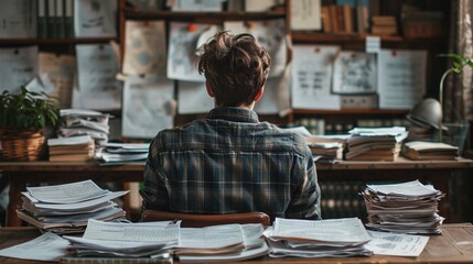 Psychologist Working at Desk with Stacks of Papers in Office