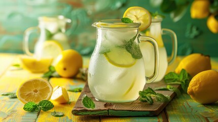 Fototapeta premium Lemon mint lemonade in a jug on a rustic yellow table