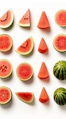 Naklejka premium Watermelon Slices on White Background, Abstract Image, Texture, Pattern Background, Wallpaper, Cover and Screen of Smartphone, Cell Phone, Computer, Laptop, 9:16 and 16:9 Format