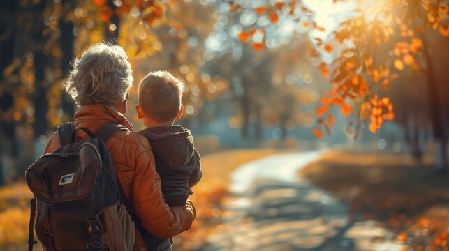 Grandmother seeing off her grandson to school on his first day