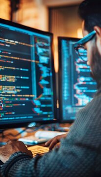 Close-up of Developers Coding with Python, JavaScript, and Java on Computer Screens - Tech Workstation