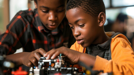 Afro American Schoolboy Building Robot in Science Workshop with Instructor Guidance - STEM Education
