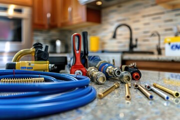 Fototapeta premium Close-up of plumbing equipment and tools on a kitchen countertop, highlighting the plumberâ€™s work area and essentials.