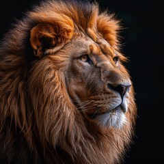 Naklejka premium Portrait of a majestic lion with its fur glowing in the sunlight against a black background