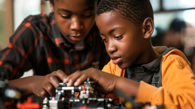 Afro American Schoolboy Building Robot in Science Workshop with Instructor Guidance - STEM Education