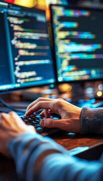 Close-Up of Hands Typing Code on Keyboard with Python and JavaScript on Monitor