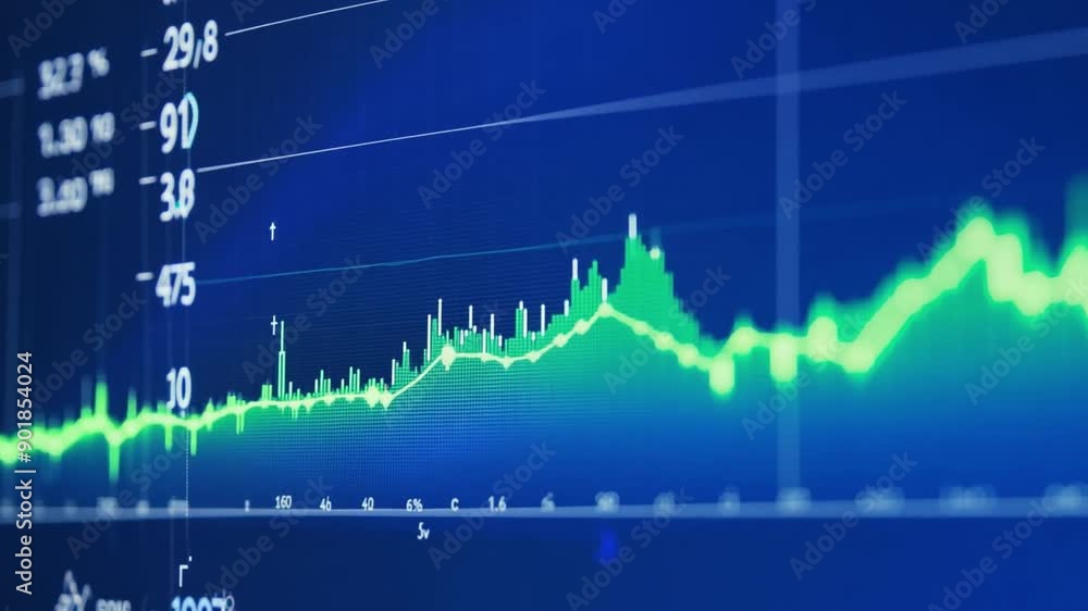Poster a close-up of a stock market chart displaying a green line moving upwards on a computer monitor.