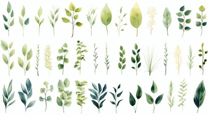 Hand drawn set of green botanical leaves painted in watercolor, featuring diverse shapes and sizes, perfect for nature illustrations and botanical designs isolated on white background