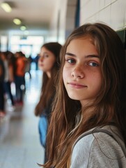 Obraz premium A young woman with long brown hair stands in front of a wall, possibly waiting or lost