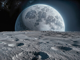 Vue depuis la surface d'une planète inconnue sur une lune géante en arrière plan, espace, impressionnant