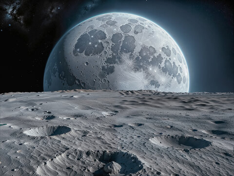 Vue depuis la surface d'une plan&egrave;te inconnue sur une lune g&eacute;ante en arri&egrave;re plan, espace, impressionnant