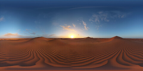 Naklejka premium Majestic Sahara Dunes at Dawn with Perfectly Aligned Horizon in HDRI Equirectangular Format