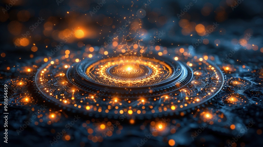 Poster circular object close-up on dark blue background with yellow lights