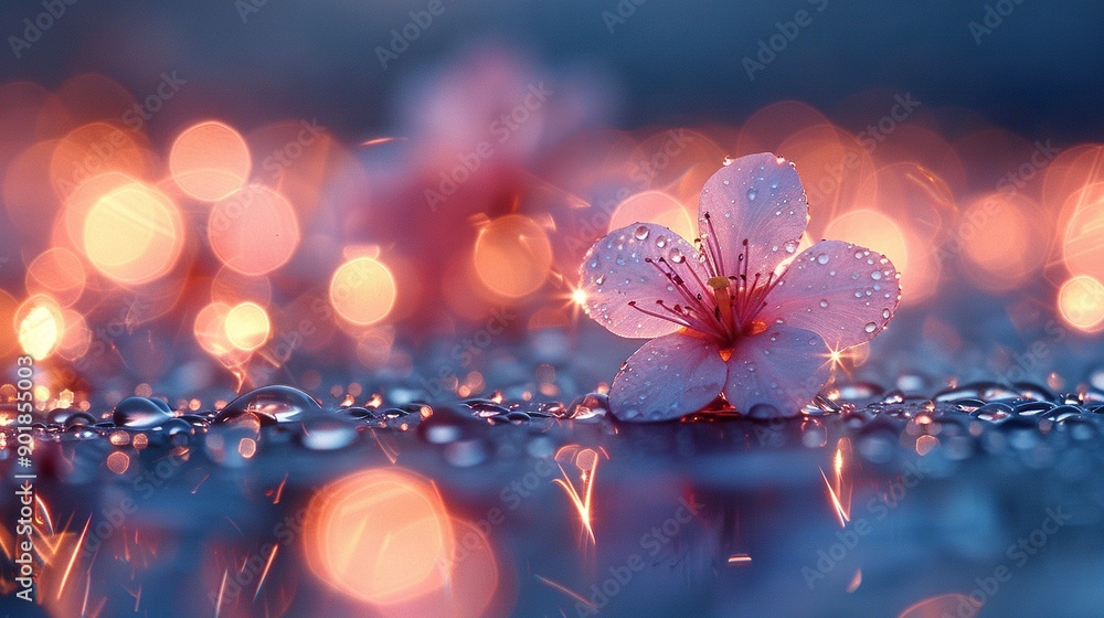 Poster   A focused image of a flower resting on a wet surface against a hazy background