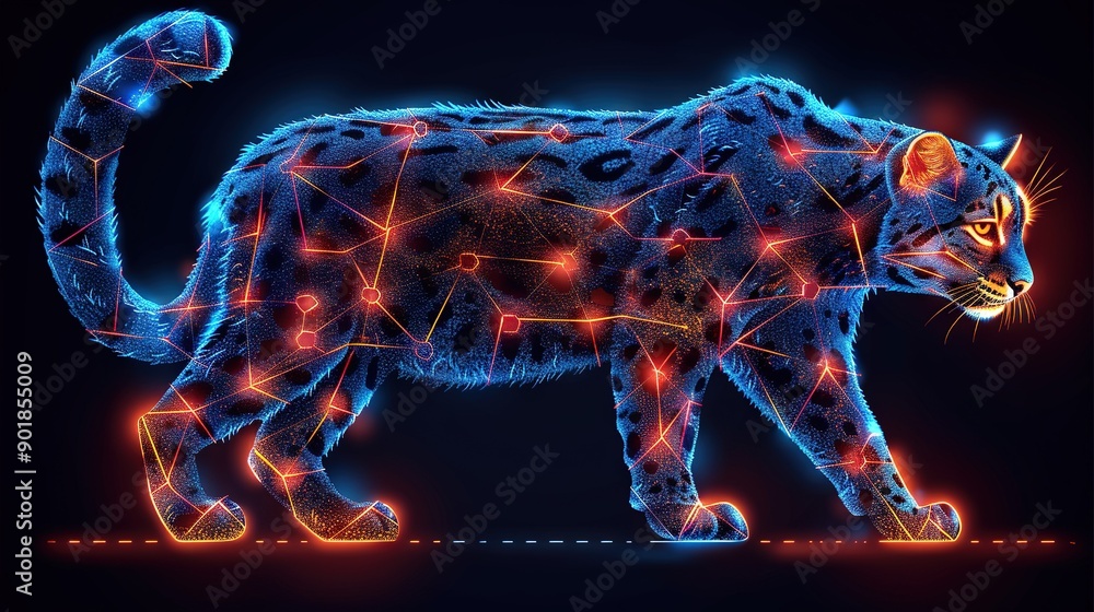 Poster a cheetah with a pattern of lines and dots on its head and body