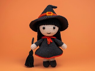 Obraz premium Adorable crochet witch amigurumi with a tiny hat and broom, Halloween character, handmade doll