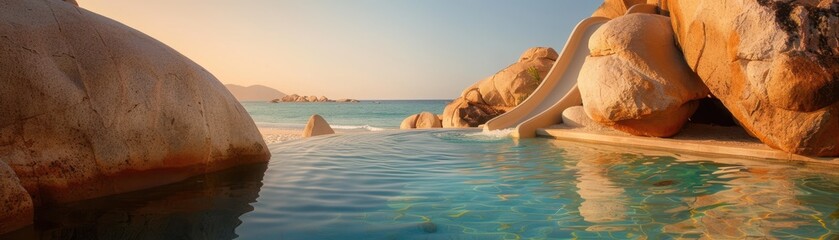 Tranquil Coastal Pool with Slide and Rocky Surroundings at Sunset with Clear Blue Water