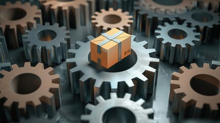 A 3D icon featuring a series of interconnected gears with a package at the center, illustrating the logistics behind successful delivery.