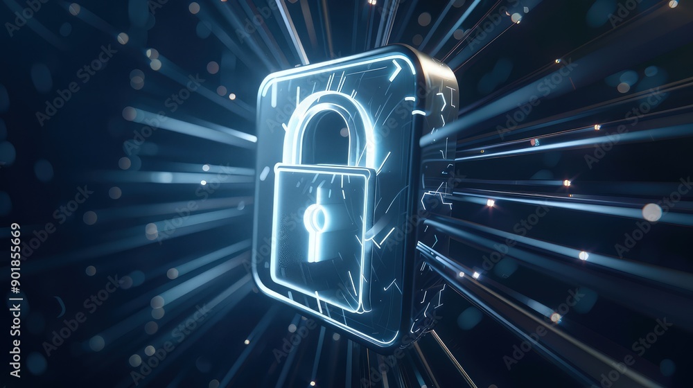 Poster a 3d icon of a digital lock unlocking itself, surrounded by rays of light, symbolizing the successfu