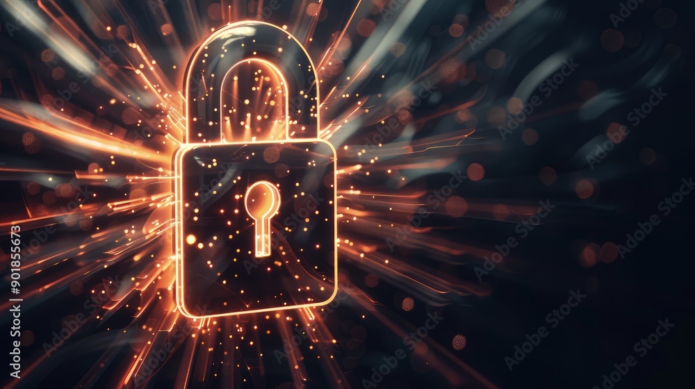 Poster a 3d icon of a digital lock unlocking itself, surrounded by rays of light, symbolizing the successfu