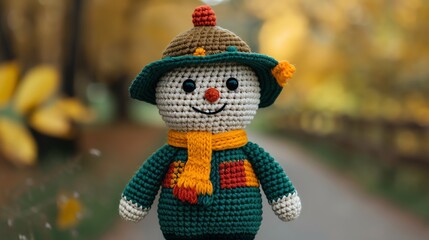 Crochet amigurumi scarecrow with a patchwork outfit, Halloween and autumn theme, handmade doll
