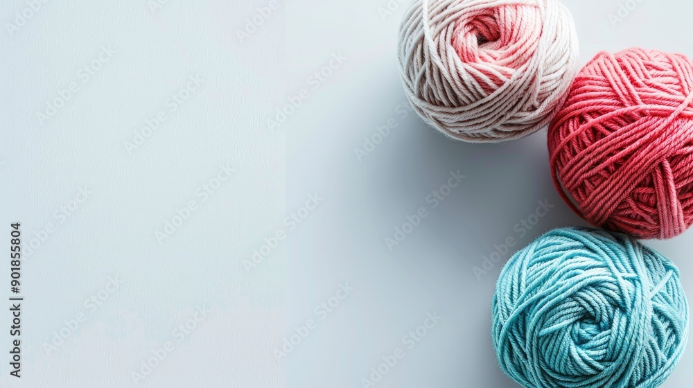 Poster close up of three yarn balls on light background with space for text