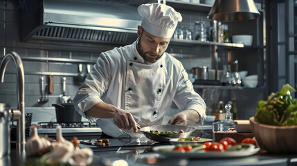 Refined Cooking: A Chef's Expertise in a Luxury Kitchen Setting