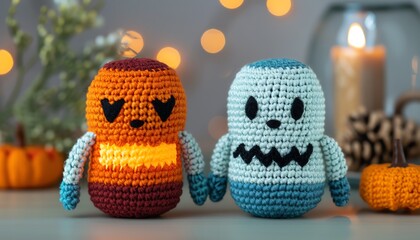 Naklejka premium Crochet amigurumi spooky lantern with a flickering flame effect, Halloween decoration, cozy and eerie