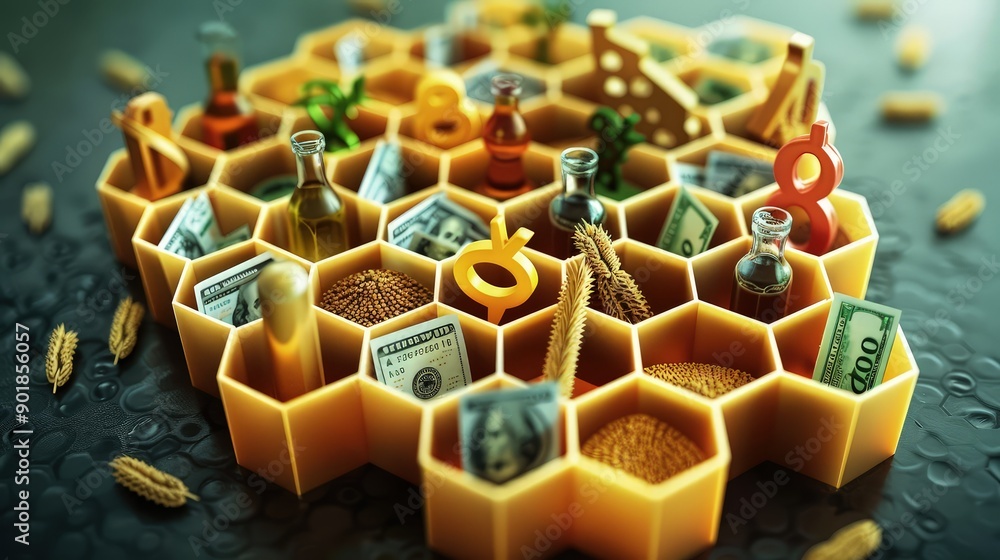 Poster a 3d icon of a honeycomb structure with each cell filled with different economic symbols like curren