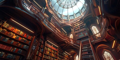 A large collection of books on shelves in a quiet library setting, suitable for academic or literary concepts