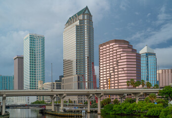 City Tampa, Florida. Panorama of Downtown Tampa FL. Hillsborough river. Beautiful day cityscape. Glass and reinforced concrete Residential and commercial skyline buildings. United States of America