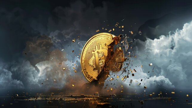 A 3D icon of a shattered gold coin, symbolizing financial collapse, against a dark, stormy cloud background.