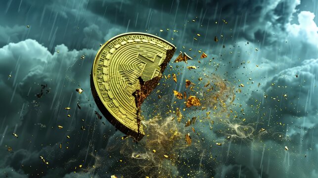 A 3D icon of a shattered gold coin, symbolizing financial collapse, against a dark, stormy cloud background.