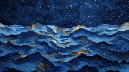 Abstract Imagination with Paper Art Collage - Creative Layers of Blue and Gold Waves Under a Starry Night Sky