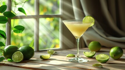   A glass of drink surrounded by limes on a table near a window with a curtain