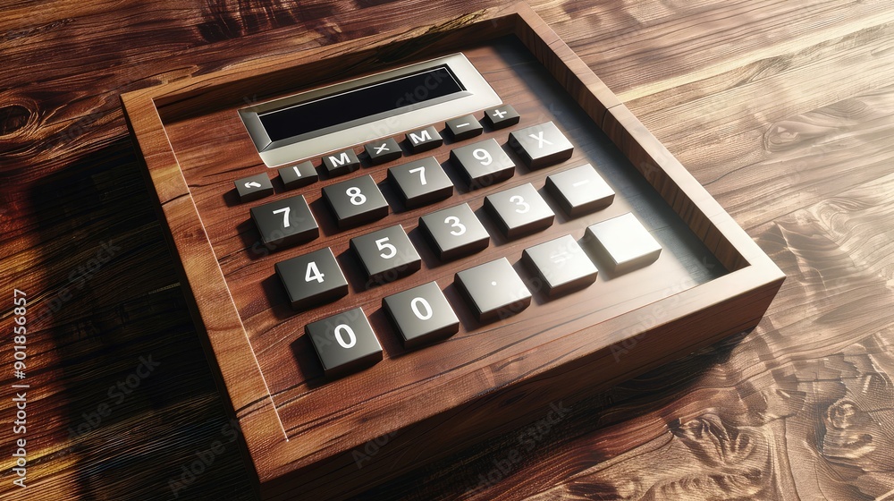 Aufkleber a 3d icon showing a sophisticated calculator embedded in a walnut desk surface, symbolizing financia
