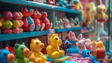 Obraz premium Colorful plastic toys on display shelf