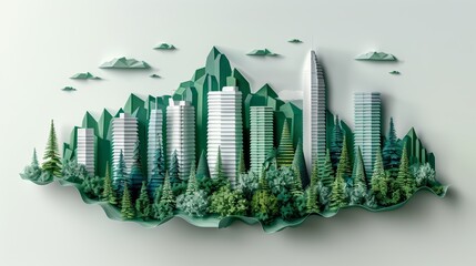 Obraz premium Sustainable ESG Green Concept with Paper Art Collage Depicting Modern Urban Landscape and Nature Harmony