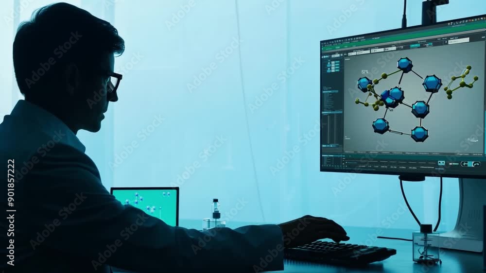 Poster a scientist is sitting at a desk with a laptop and a desktop computer, both displaying molecular str