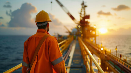 Golden Hour on the Oil Rig: A lone worker surveys the vast ocean at sunset, the silhouettes of the oil rig standing tall against the fiery sky.