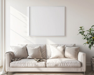 Modern Living Room Mockup: A minimalist, serene living room setting with a large, blank canvas frame ready for your design. Perfect for showcasing artwork, photography, or branding.  