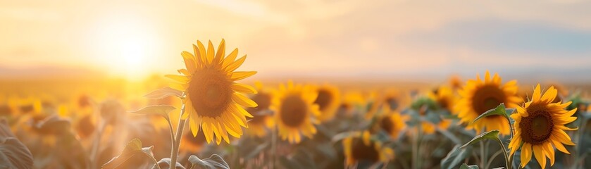 Obraz premium Vibrant sunflower field at sunrise, showcasing golden blooms against a warm, glowing sky. Perfect for nature lovers and landscape enthusiasts.