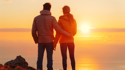 Sunset Romance: A couple embracing, silhouetted against a fiery sunset, their love story unfolding against the backdrop of a breathtaking vista.  