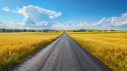 Fototapeta premium Asphalt road among golden wheat fields, characteristic of the summer, rural landscape. Charming views of agricultural lands and blue sky.