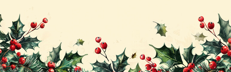 minimalist background with simple holly leaves and berries, using clean lines and basic shapes to convey a festive atmosphere
