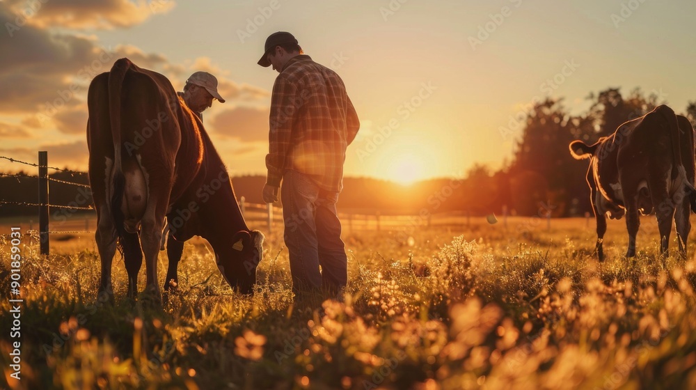 Poster a man is standing in a field with cows grazing