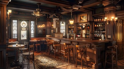 Warm and inviting bar scene with a British-style pub interior, complete with wooden paneling, old-fashioned decor, and a welcoming feel