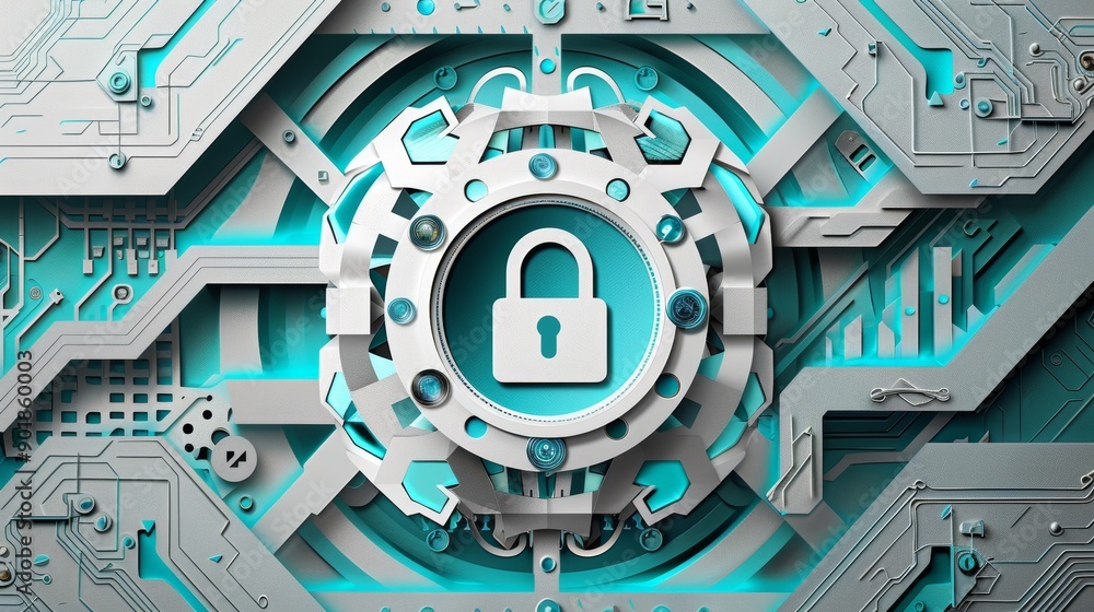 Wall mural big data technology and cyber security concept with paper art - modern digital protection and data a