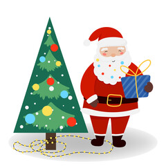 Vector illustration Santa Claus with Christmas tree and gift boxes in flat style, isolated for holiday designs of banner, cover, advertisement, greeting card. Concept of Christmas and New Year